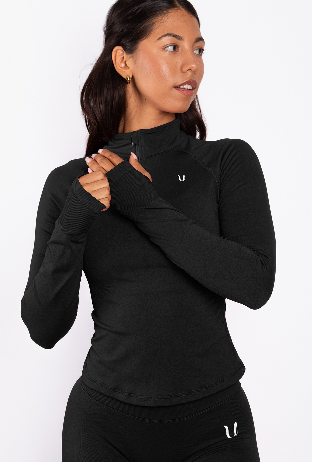 Beau Half Zip Long Sleeve Top Black - Women's fitness clothing side view